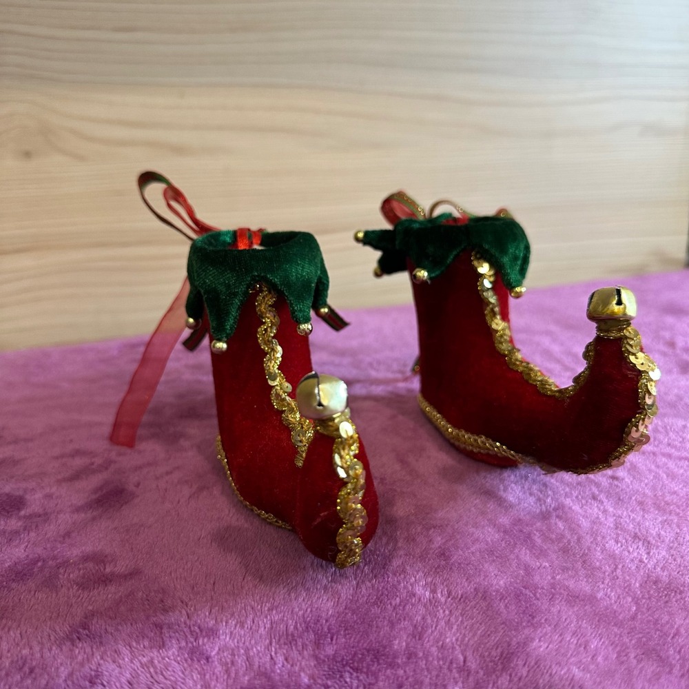 Christmas Elf Boot Ornaments Red Green Jingle Bells Sequins Set of 2 - Picture 2 of 6